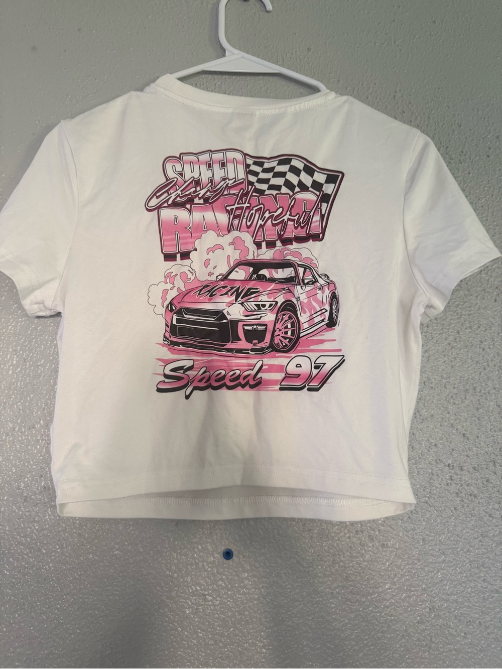 White & Pink Racing Graphic Crop Tee